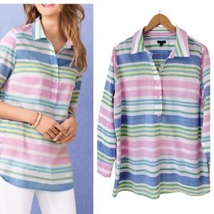 Talbots Popover Top Beach Stripe Club Cotton Lightweight Sz 1X Coastal Travel